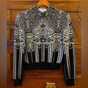 St. John Collection Santana knit Zip Up Jacket Sweater Cardigan Black White Sz 2